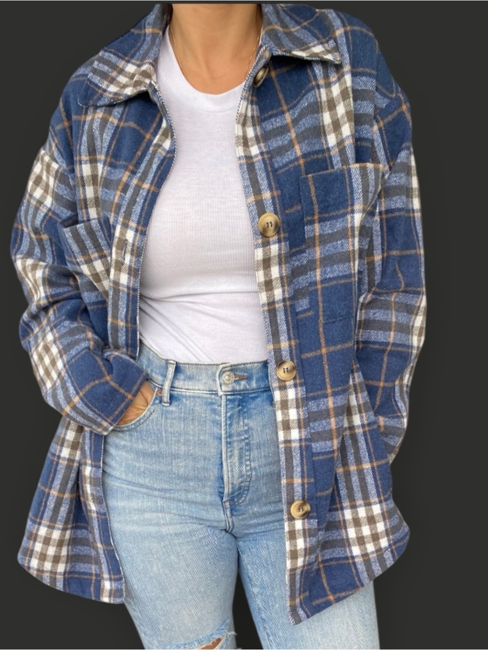 HYFVE Blue Plaid Oversized Jacket Flannel Button Front Shacket Size L